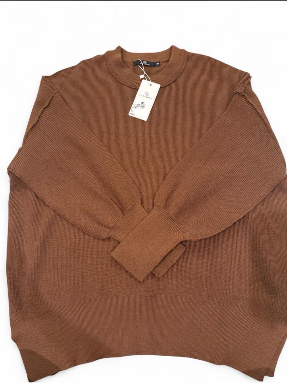 NWT LILLUSORY Relaxed Ribbed Crewneck Sweater - Chestnut Brown
